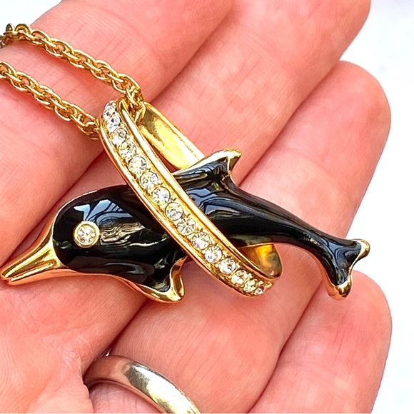 RARE Swarovski Dolphin Crystal Enamel Pendant Necklace and Velvet Pouch HTF - Picture 7 of 11